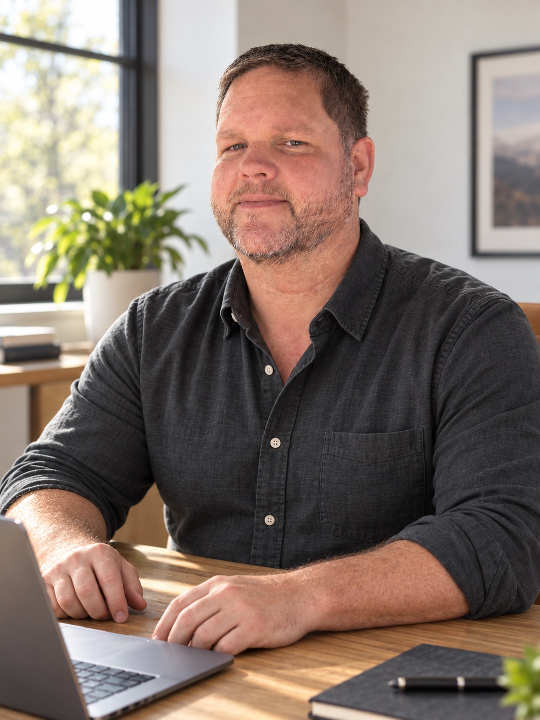Rob Lacy in a charcoal shirt at his desk, founder of Something Greater Consulting